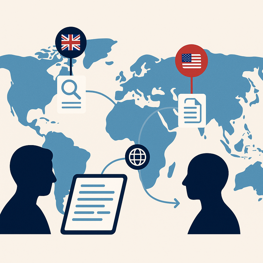 Variantes del inglés conectadas a documentos según contexto cultural y profesional.