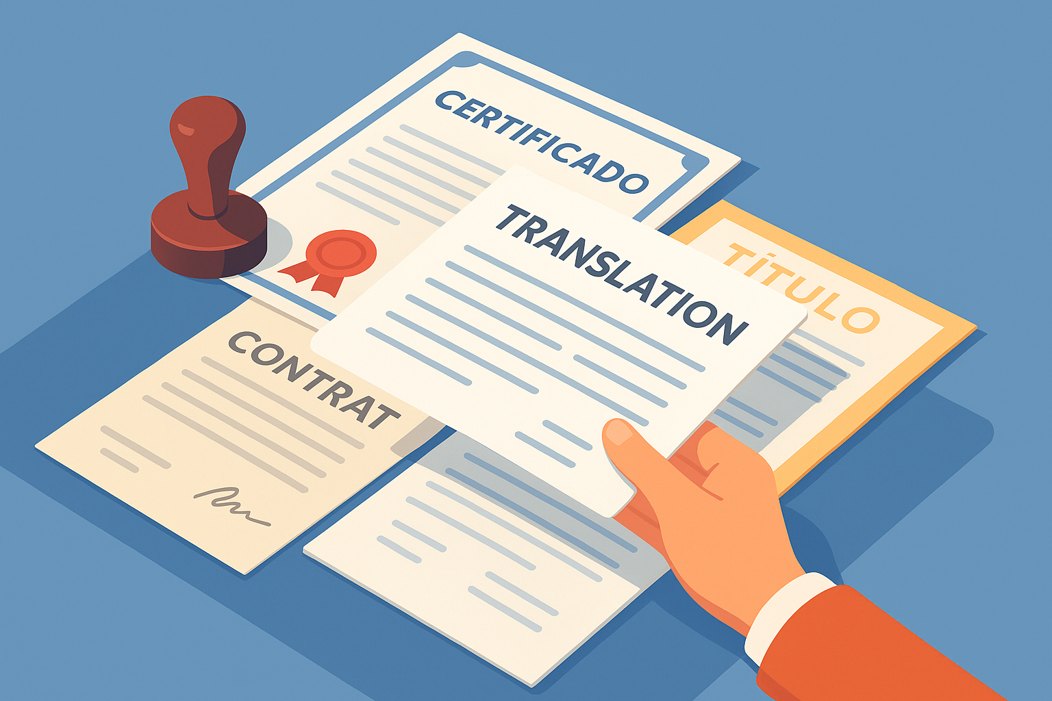 Mesa isométrica con documentos oficiales y sello jurado junto a una traducción final en inglés.