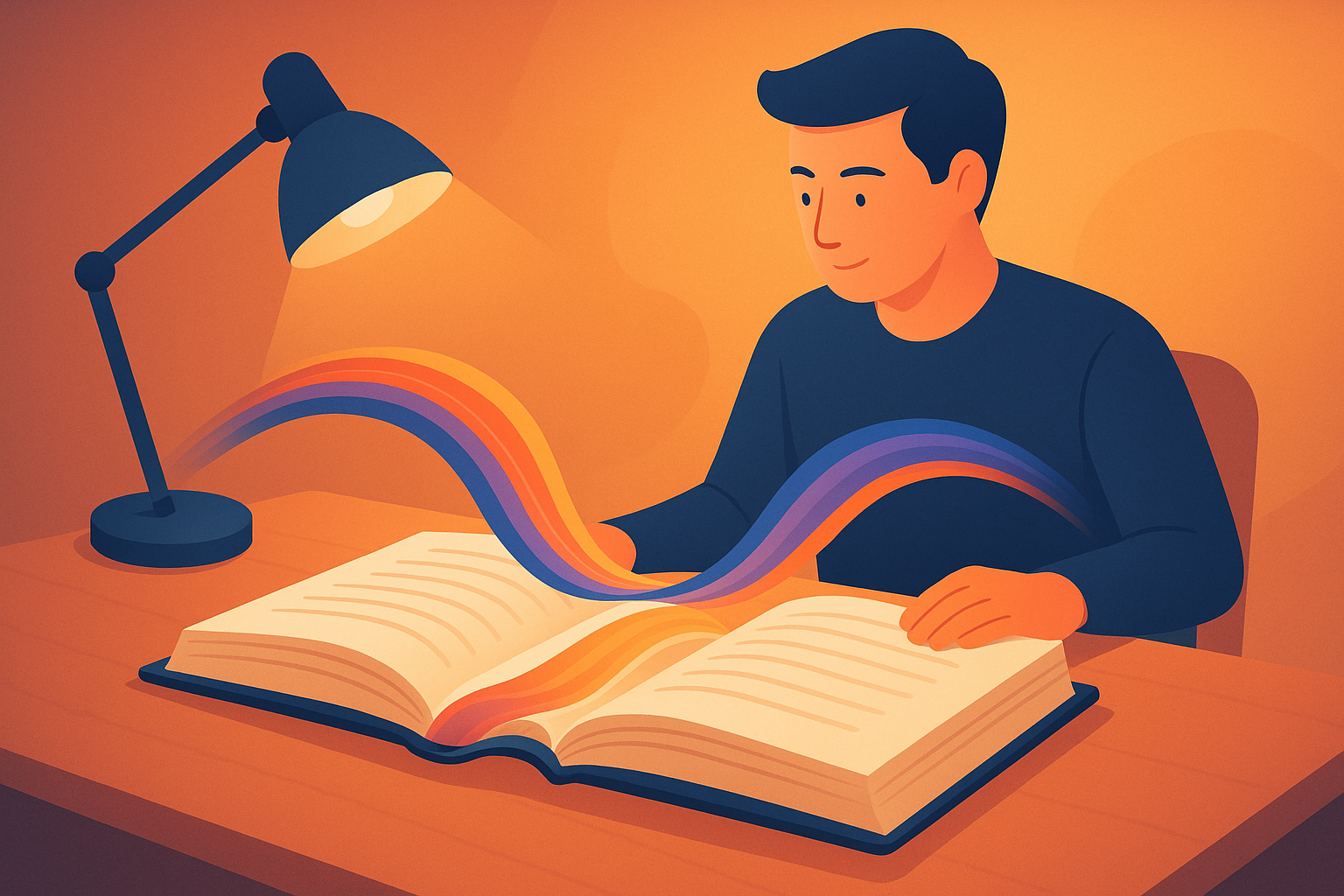 Traductor uniendo dos libros en inglés y español mediante un puente de luz narrativa.