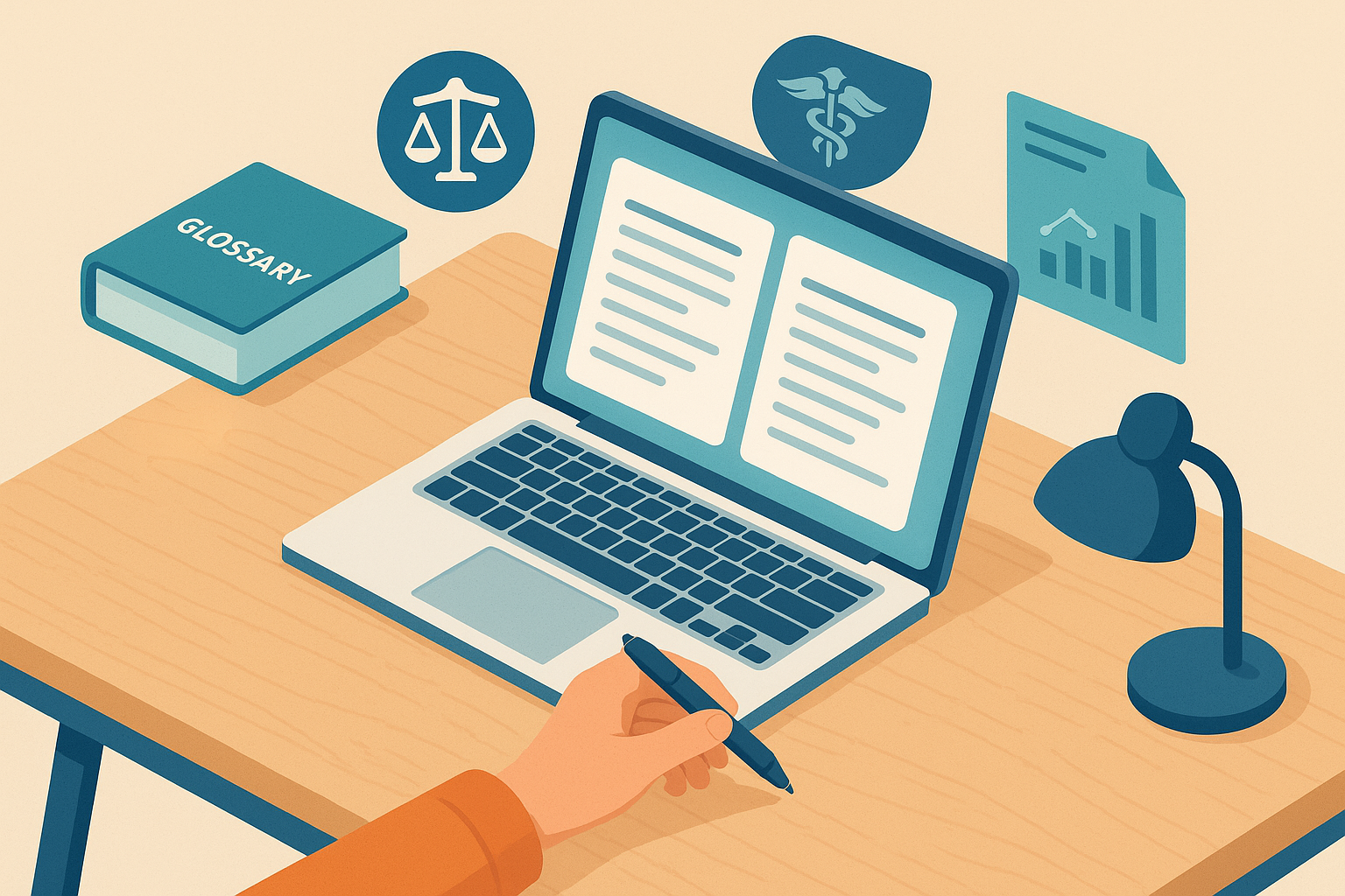 Mesa digital con portátil y elementos de distintos sectores representando traducción profesional especializada.