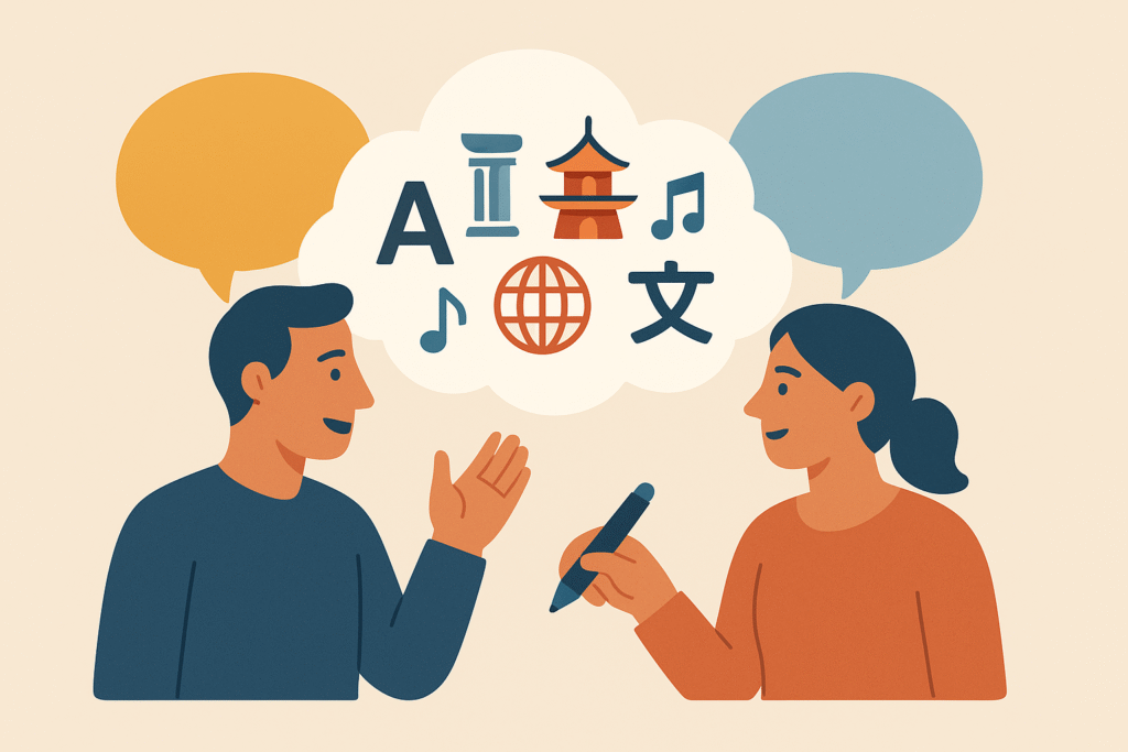 Dos personas conectadas por símbolos culturales que representan adaptación y comprensión lingüística.