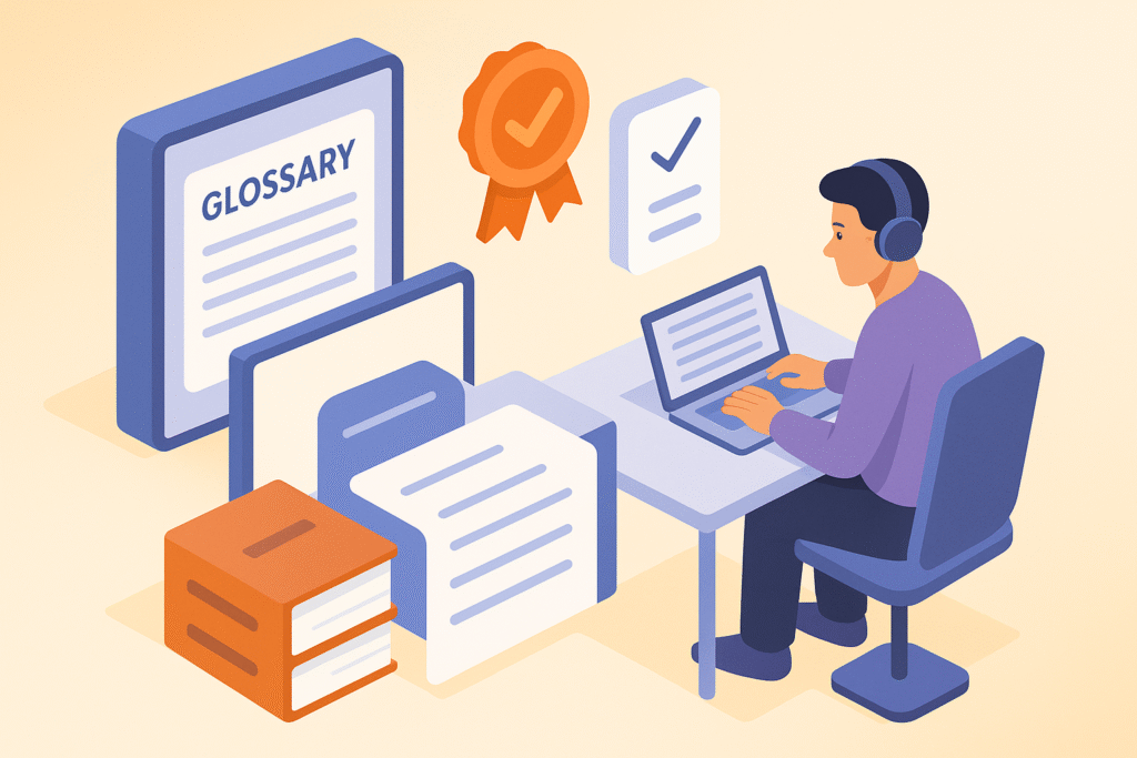 Panel isométrico con glosario, sello de calidad y revisor comprobando coherencia lingüística.