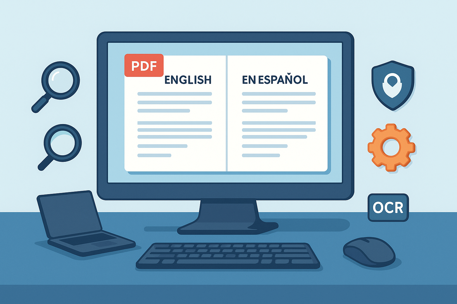 Mesa digital con documento PDF traducido de inglés a español y herramientas profesionales alrededor.