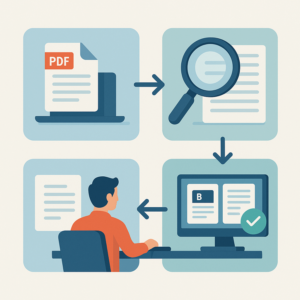 Ilustración del proceso de traducción de PDF dividido en cuatro etapas visuales.