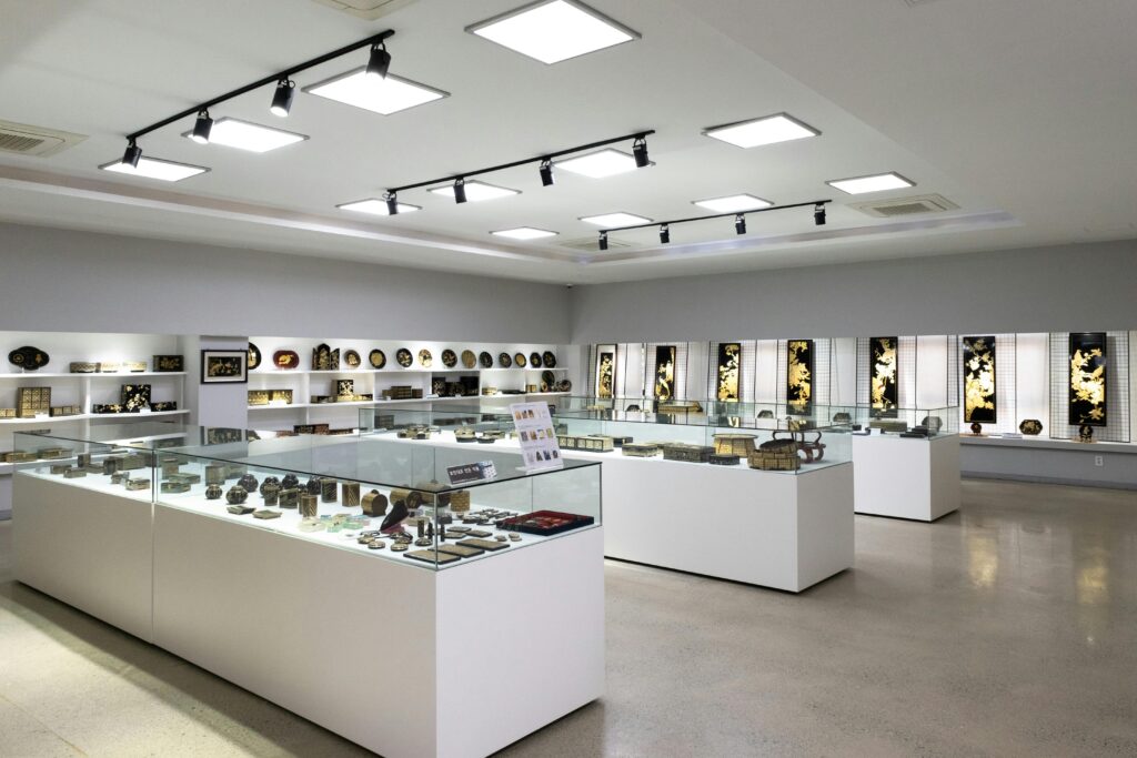 Modern museum interior with glass display cabinets showcasing artifacts.